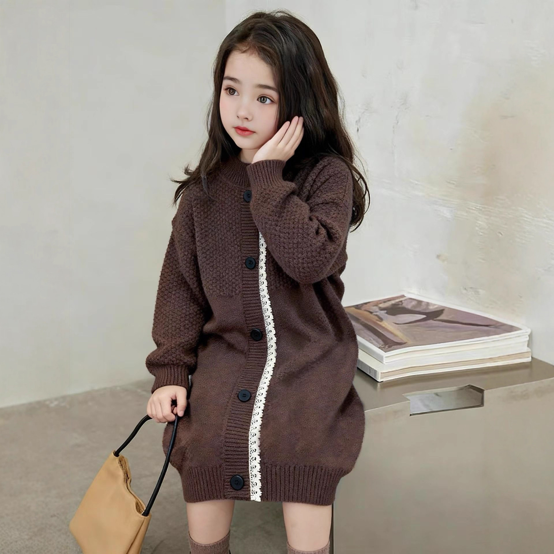 女童中长款毛衣秋冬款时尚儿童半高领针织连衣裙小女孩百搭打底裙