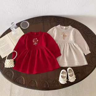 宝宝针织连衣裙秋冬款女童中长款收腰毛衣裙婴儿周岁洋气红色裙子