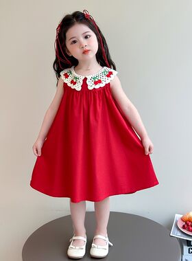 女童红色连衣裙夏装韩版儿童纯棉蕾丝领背心裙女宝宝甜美沙滩裙子