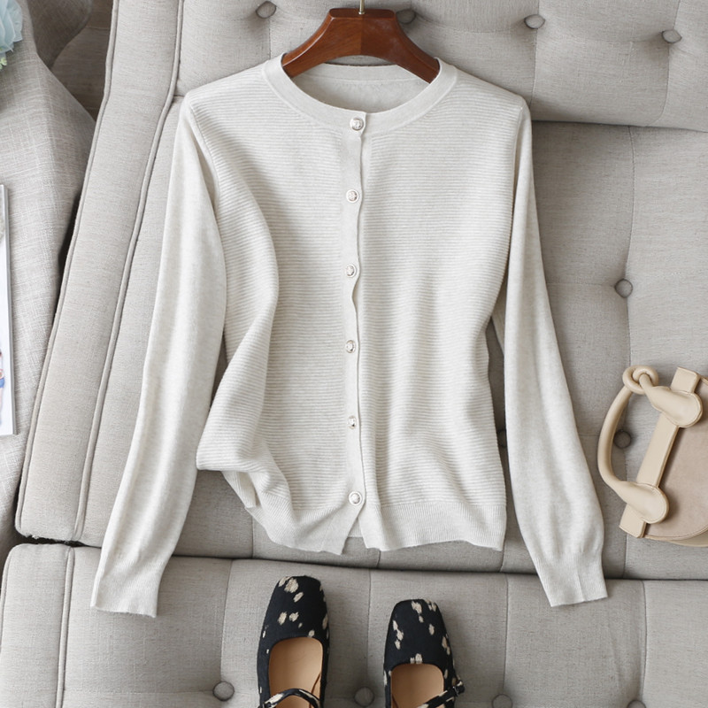 瓦楞条安迪绒圆领长袖针织开衫女