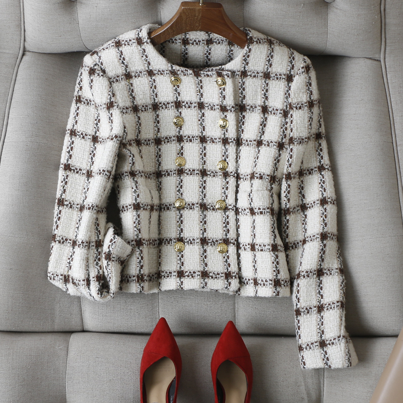 名媛气质~优雅圆领编织格纹双排金扣小箱型显瘦全羊毛短外套秋冬