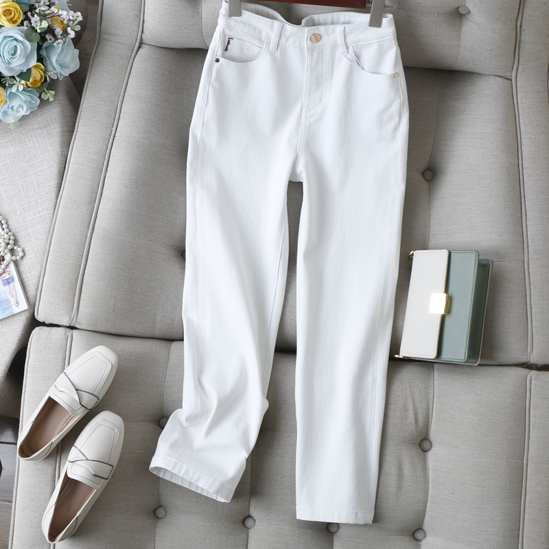 率性的腔调感~百搭修腿型刺绣撞色高腰显瘦锥形直筒白色牛仔裤女