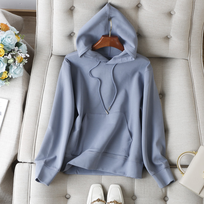 连帽系带珠地棉套头长袖卫衣女春