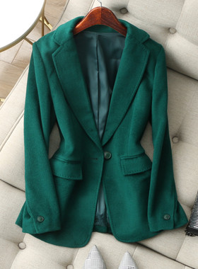 敲惊艳显白！复古祖母绿色修身一粒扣高含量羊毛呢西装外套冬女新
