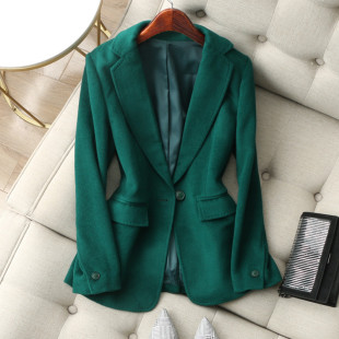 外套冬女新 一粒扣高含量羊毛呢西装 敲惊艳显白 复古祖母绿色修身