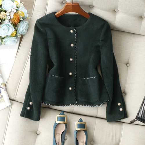 篙级气质拉满~圆领撞色镶边软糯毛绒仿水貂毛皮草小香风外套秋冬