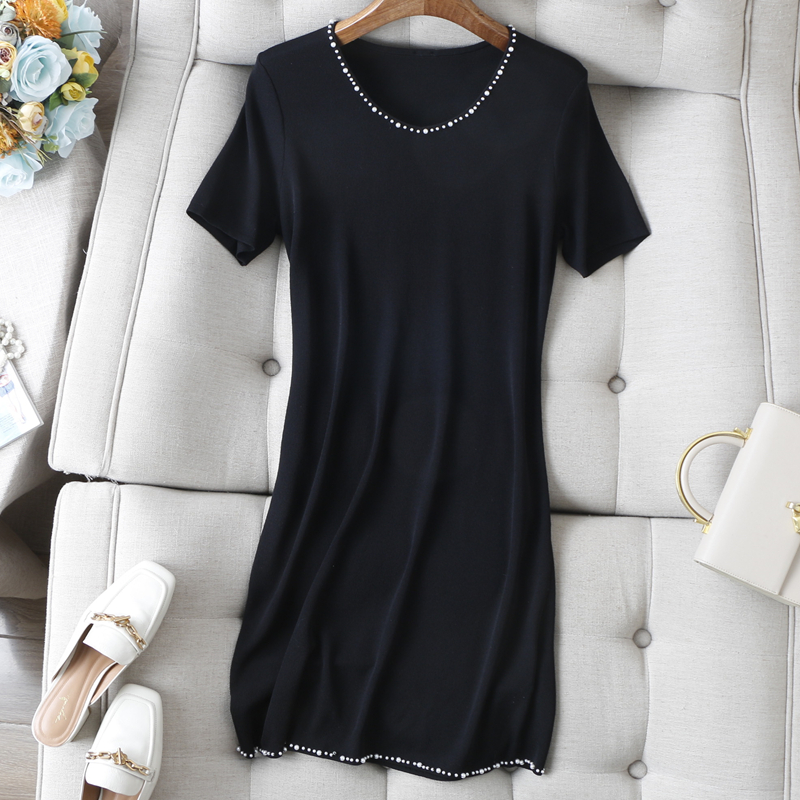 随取随穿不纠结~优雅赫本风订珍珠短袖显瘦直身版型连衣裙小黑裙