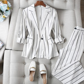 显瘦棉麻西装 英伦条纹修身 外套 直筒阔腿裤 女夏 随性时尚 套装 气质