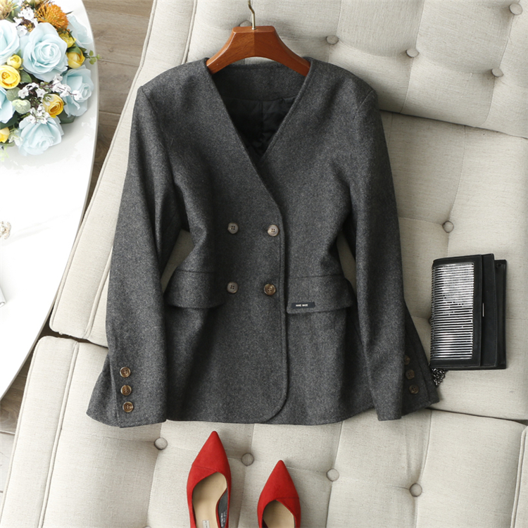 GAO阶品相~气质冷灰色手工羊毛呢V领双排扣夹棉内里保暖西装外套
