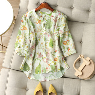 女 小直筒显瘦单排扣衬衫 盛夏小确幸 娇媚植物印花苎麻五分泡泡袖