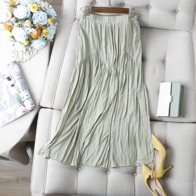 清仓~撩拨少女心~ins时尚韩版高腰松紧腰微皱垂顺中长百褶半身裙