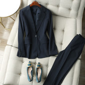 深藏青细条纹修身 套装 中长西装 9分直筒西裤 2025春 外套 高管气质