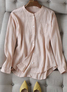 温柔色系~1oo全亚麻衬衫长袖上衣女休闲微廓形显瘦半高小圆领春季