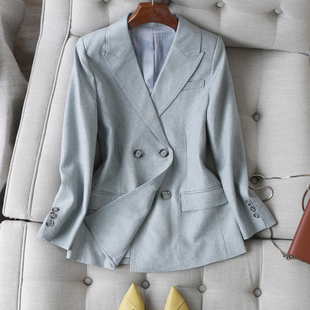 女 薄垫肩西装 温婉柔美不失气场 早秋衬肤绿色小千鸟格双排扣修身