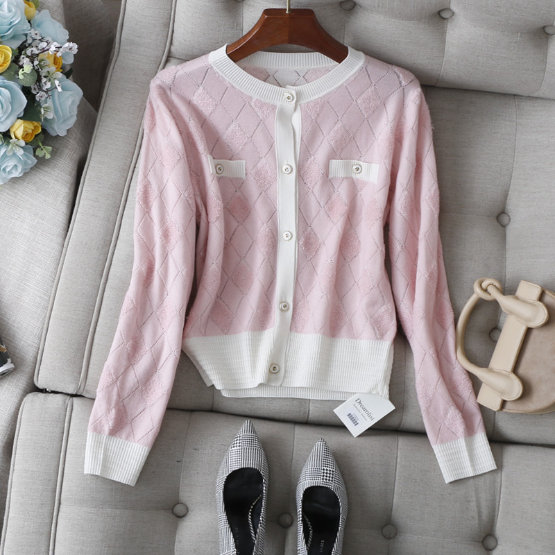 法式格调！撞色边圆领长袖菱形格提花美丽诺羊毛宽松针织开衫女秋