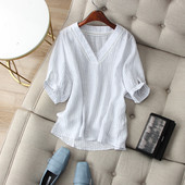 简约美 夏 衬衫 透气舒适亚麻宽松灯笼袖 V领镂空冰蓝竖条纹短袖