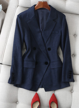 通勤主力刚需~JU显白午夜蓝色丝绒双排扣修身显瘦中长西装外套女