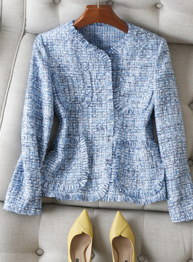 轻奢BI入~手工流苏毛须镶边V领长袖蓝色小香风粗花呢短外套女春秋