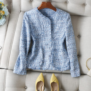 轻奢BI入 蓝色小香风粗花呢短外套女春秋 手工流苏毛须镶边V领长袖