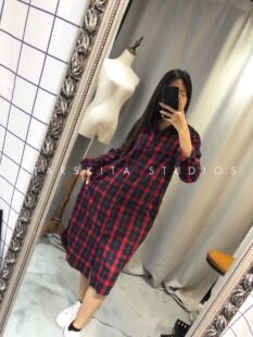 春秋新款格子长袖长款衬衫露背衬衣连衣裙女韩版宽松休闲微胖外套
