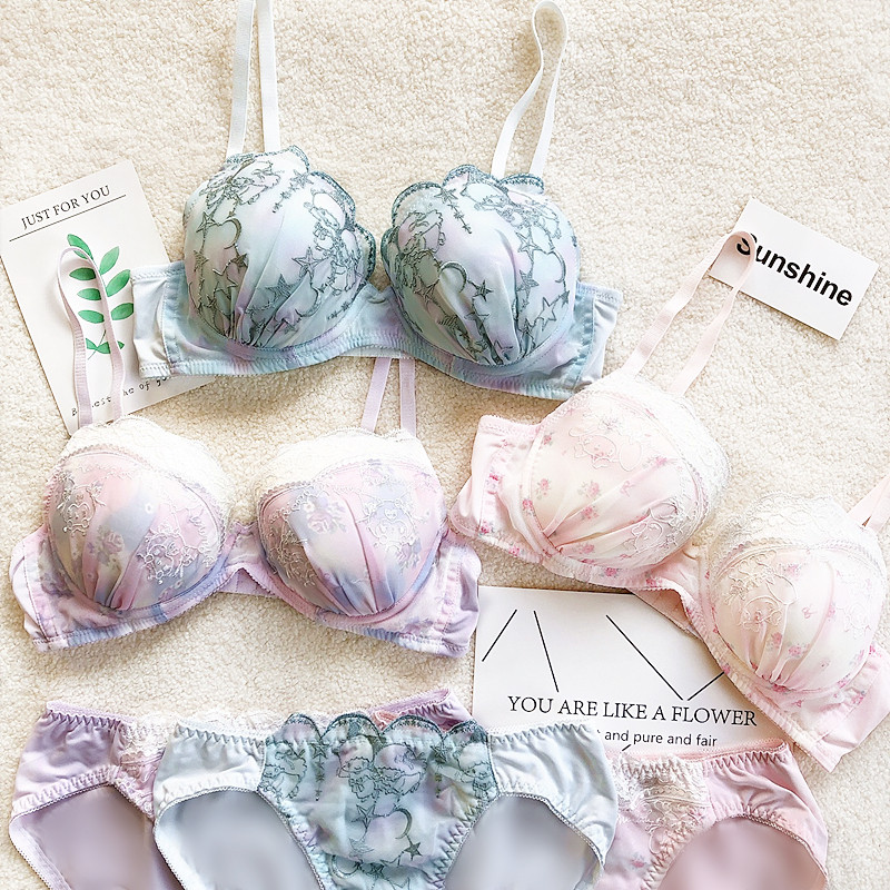 日系日d渐变色精美重工刺绣甜美可爱舒适少女士无钢圈文胸套装