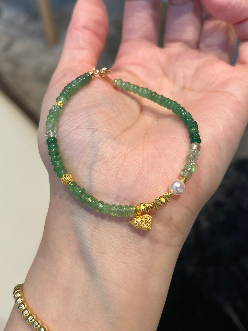 晨禧珠宝 天然绿宝石18k金沙佛莱渐变色珍珠葫芦手串手链女友礼物
