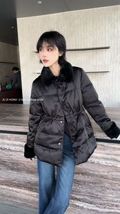 时尚高端桑蚕丝90白鹅绒羽绒服外套女中长款水貂毛领加厚