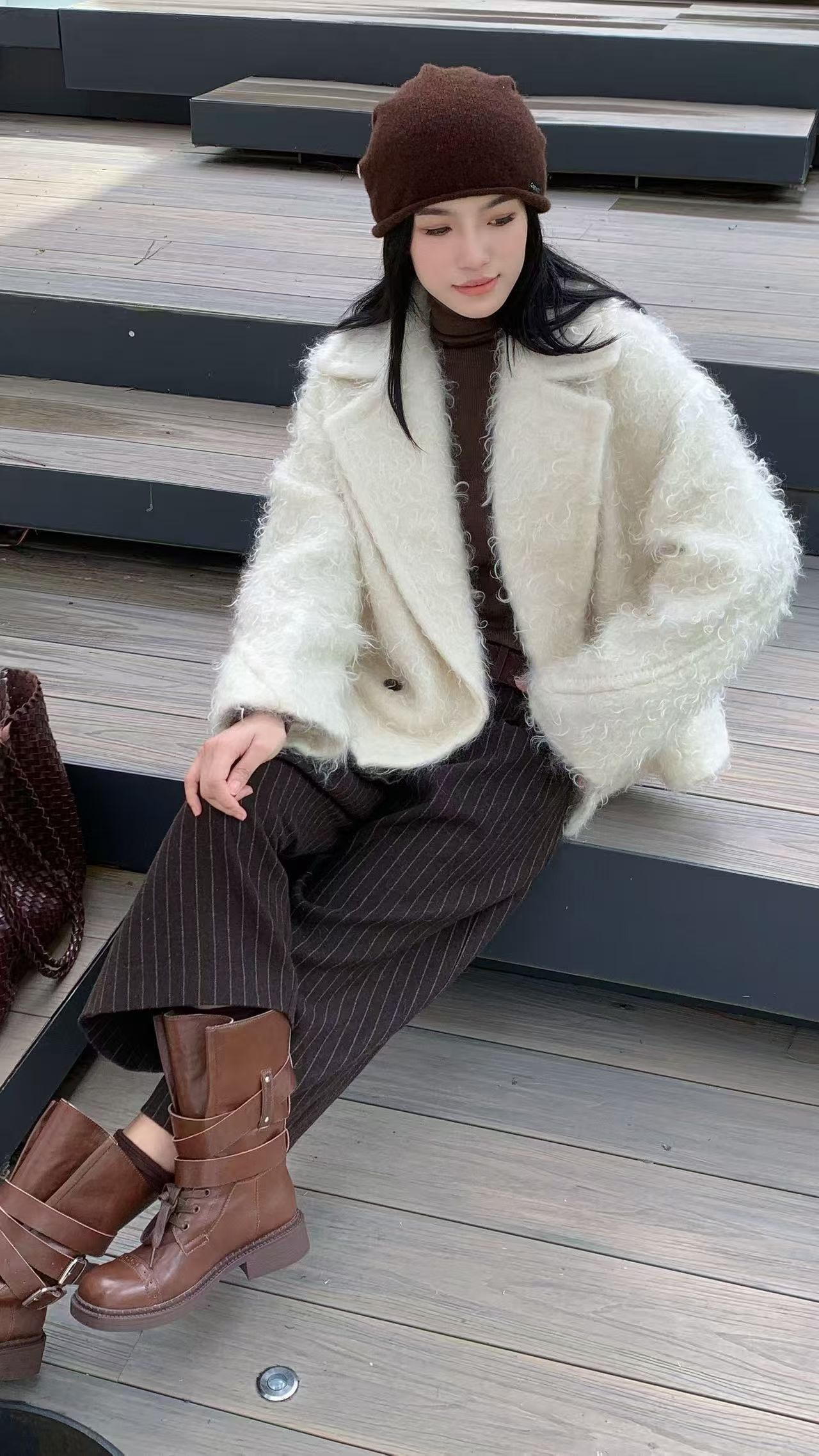拉绒羊绒羊毛大衣女中长款西装领宽松显瘦百搭毛呢外套2025新款