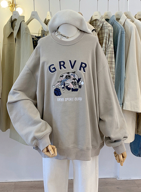 洛洛拉 GRVR圆领套头卫衣女秋新款纯色宽松字母印花长袖上衣外穿