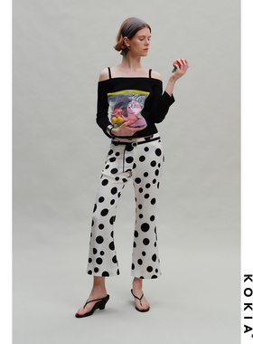 KOKIA现货 Polka Dot 褶皱暗纹肌理 黑白波点低腰显瘦九分喇叭裤