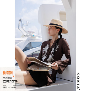 衬衫 朦胧骨感十字麻纱手缝车骨蕾丝花朵喇叭袖 明星同款 KOKIA现货