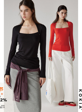 KOKIA现货 澳洲美丽诺羊毛兰精天丝方领高弹立裁修身显瘦长袖打底