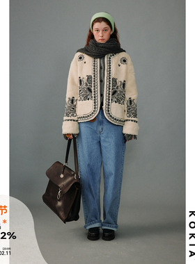 KOKIA现货 明星同款 游牧图腾重工绣花 羊毛混纺羊羔绒夹克外套