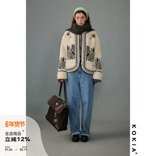 KOKIA现货 明星同款 游牧图腾重工绣花 羊毛混纺羊羔绒夹克外套