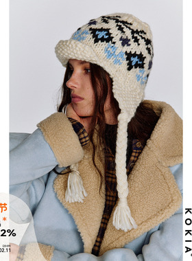 KOKIA现货 重工纯手工钩织 费尔岛提花 松软羊毛小帽檐飞行护耳帽