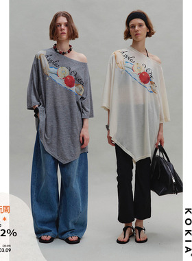 KOKIA现货 原创油画印花 “苹果和牡蛎”不规则下摆七分袖斜肩Tee