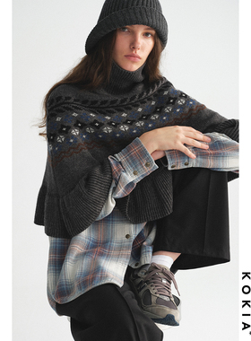 KOKIA现货 羊毛混纺复古费尔岛提花高领针织外搭叠穿斗篷毛衣外套