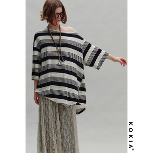 竹节纱肌理粗细拼织条不规则纹宽松落肩不对称下摆Tee KOKIA现货