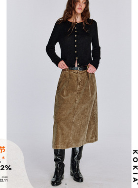 KOKIA现货 经典王牌版型 复古砂洗雪花灯芯绒 高腰直筒中长款半裙