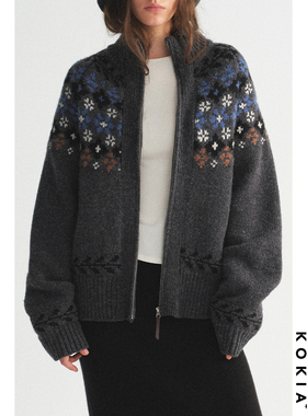 KOKIA现货100%羊毛 复古费尔岛提花 立领拉链厚款毛衣开衫外套