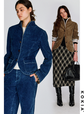 KOKIA现货 重工假两件立领复古砂洗雪花灯芯绒肘部补丁收腰短外套