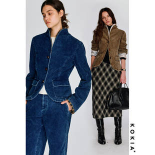 KOKIA 重工假两件立领复古砂洗雪花灯芯绒肘部补丁收腰短外套