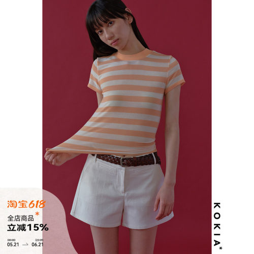 KOKIA现货轻盈弹力莱赛尔宽螺纹圆领蜜桃橘条纹修身正肩短袖T恤