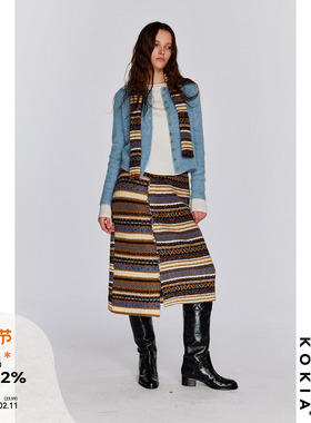 KOKIA现货 费尔岛羊毛混纺大圈圈肌理不对称拼接中长款松紧腰半裙