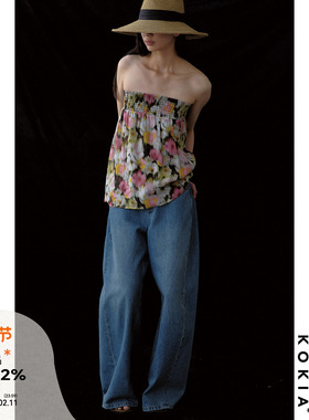 KOKIA现货 100%苎麻光影花园艺术晕染印花打缆腰头 两穿抹胸半裙