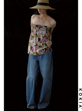 KOKIA现货 100%苎麻光影花园艺术晕染印花打缆腰头 两穿抹胸半裙