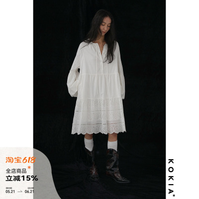 KOKIA马德拉刺绣灯笼袖连衣裙