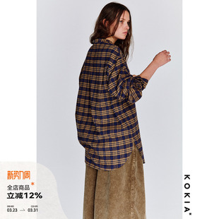 衬衫 KOKIA现货 无领宽松廓形中长款 蓝卡其格纹磨毛纯棉 明星同款