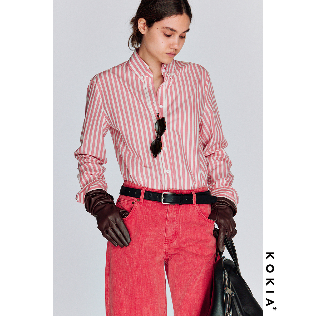 KOKIA学院风粉白条纹纯棉衬衫