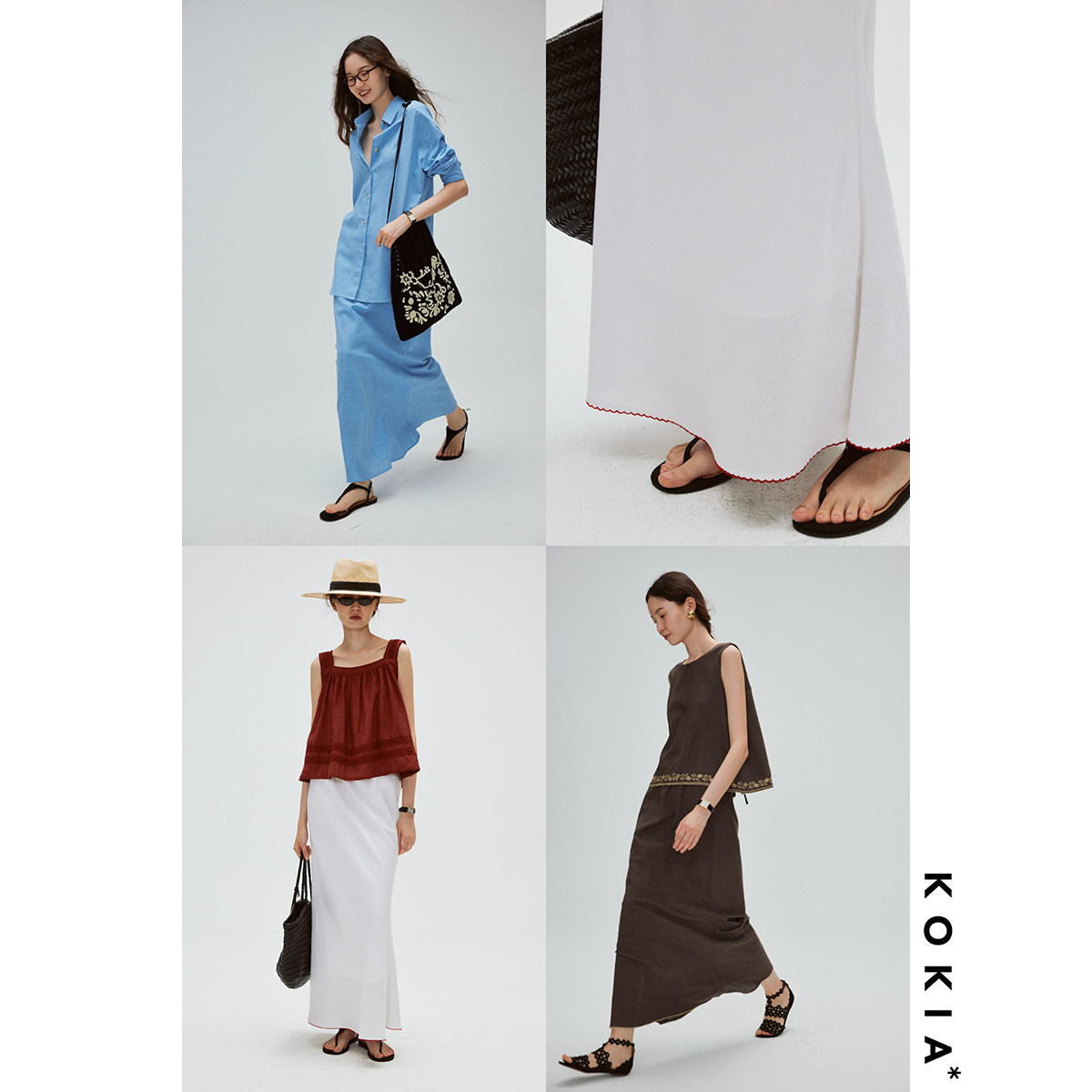 KOKIA现货 亲肤薄软亚麻雪花肌理重工组合刺绣工艺鱼尾半身裙三色